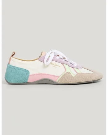 Pantofi sport cu talpa plata si garnituri de piele intoarsa, Roz pastel/Verde pal/Verde persan/Bej deschis