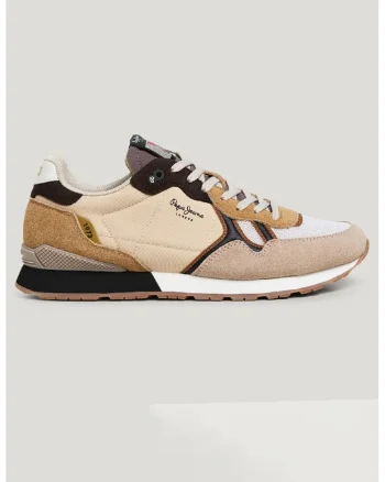 Pantofi sport de piele intoarsa cu garnituri din material textil, Alb/Maro inchis/Maro nisip/Caramel