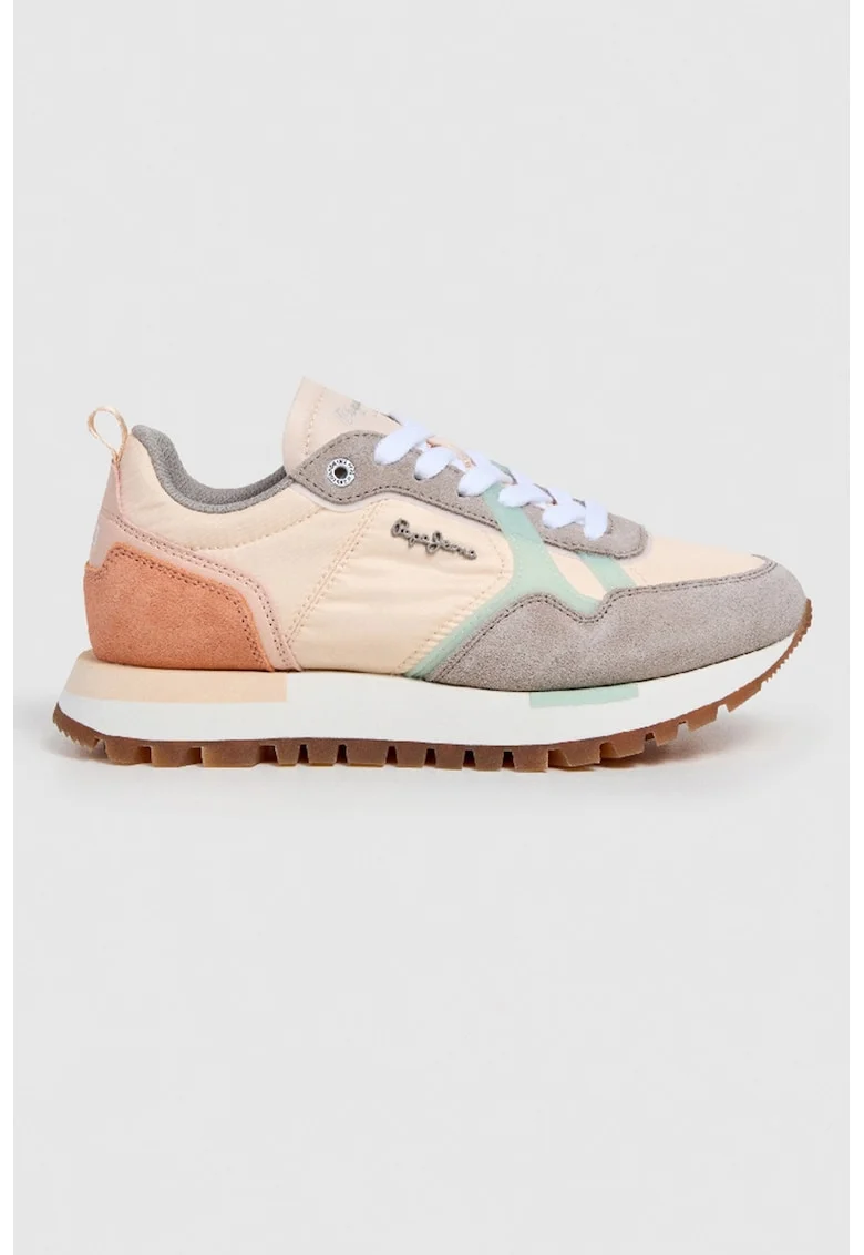 Pantofi sport cu garnituri de piele intoarsa si insertii de material sintetic, Maro taupe/Roz somon/Piersica