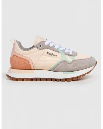 Pantofi sport cu garnituri de piele intoarsa si insertii de material sintetic, Maro taupe/Roz somon/Piersica