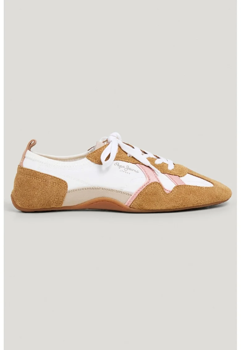 Pantofi sport cu talpa plata si garnituri de piele intoarsa, Alb/Maro scortisoara/Roz deschis