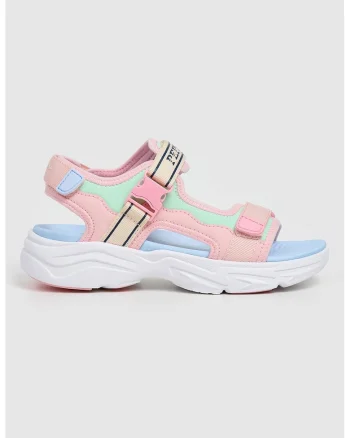 Sandale demiwedge cu velcro, Albastru aquamarin/Albastru lavanda/Roz pastel/Bej