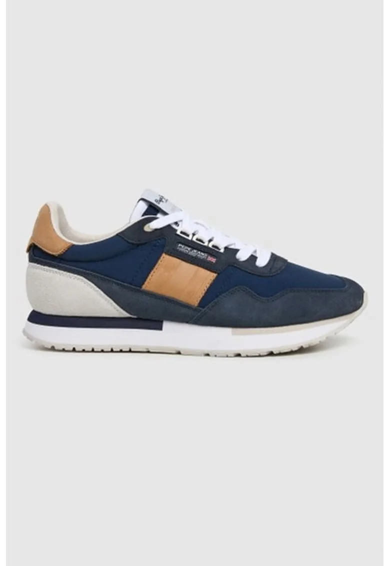 Pantofi sport low-cut cu garnituri de piele, Albastru inchis/Portocaliu persan/Bleumarin