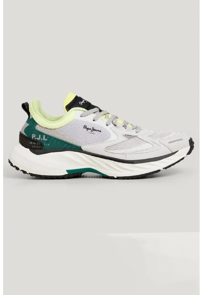 Pantofi sport din material textil cu aspect contrastant, Alb/Negru/Verde englez/Verde fistic