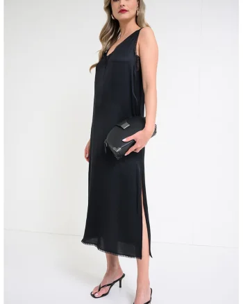 Rochie din satin cu insertii de dantela si slit lateral, Negru