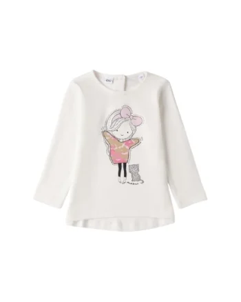 Bluza fete iDO maxi din bumbac interlock cu imprimeu si strasuri decorative Crem