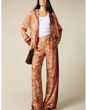 Pantaloni cu croiala ampla si imprimeu floral, Portocaliu pal