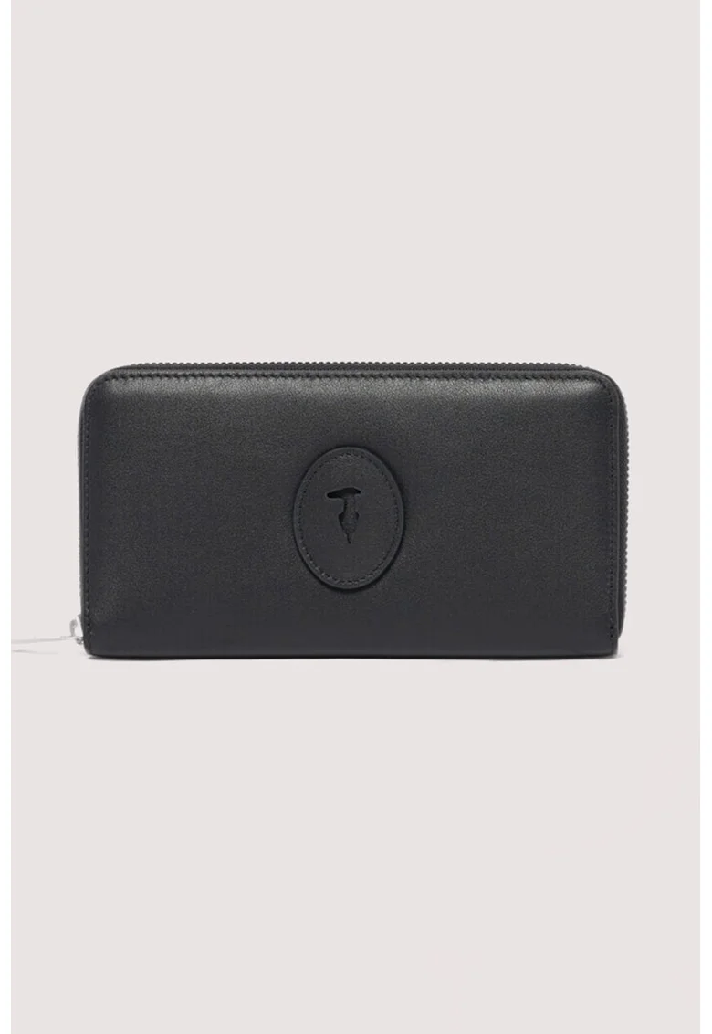 Portofel din piele cu fermoar si model monograma, Negru