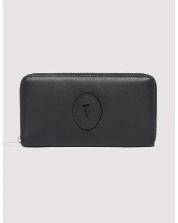 Portofel din piele cu fermoar si model monograma, Negru