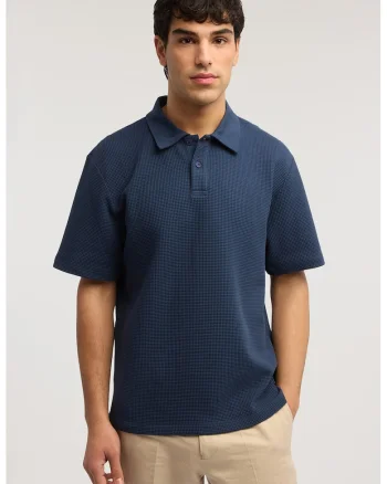 Tricou polo texturat din amestec de bumbac, Albastru inchis