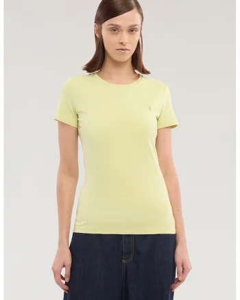 Tricou slim fit cu decolteu la baza gatului, Galben pastel