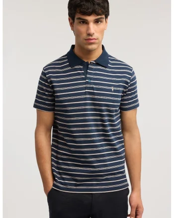 Tricou polo cu model in dungi, Albastru oceanic/Ecru