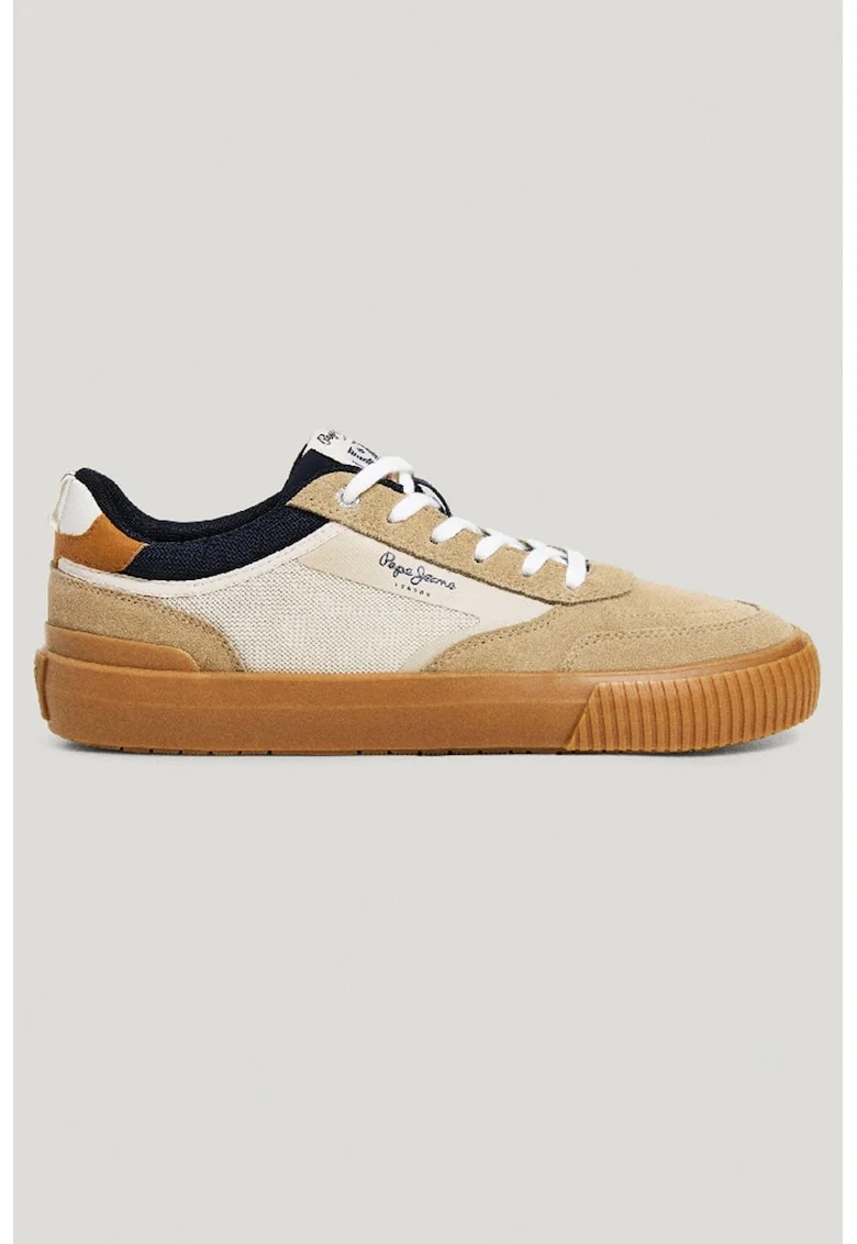 Pantofi sport din piele intoarsa si material textil cu insertii de piele ecologica, Negru/Maro scortisoara/Bej/Alb murdar