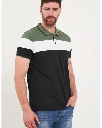 Tricou polo cu model colorblock, Alb/Negru/Kaki