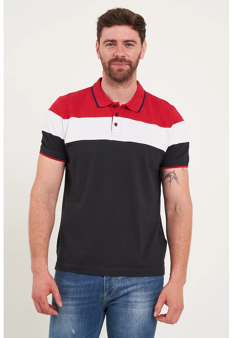 Tricou polo cu model colorblock, Rosu/Alb/Negru