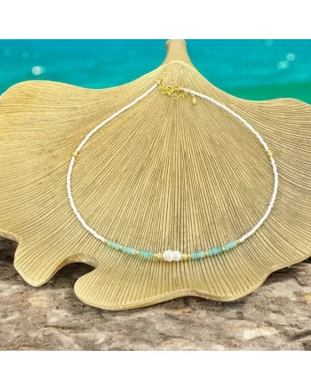 Colier choker elegant Isra din argint placat cu aur, cristale de Amazonit, Perla si Miyuki