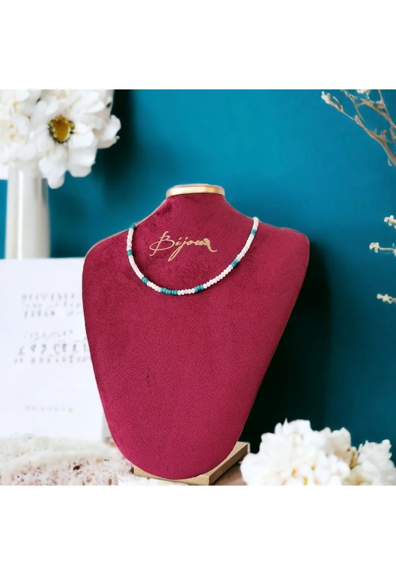 Colier choker Casandra din margele Mother of Pearls si Turcoaz Reconstituit, cu inchidere din argint