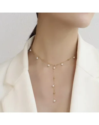 Colier tassel elegant lung din otel inoxidabil placat cu aur si perle Yanira