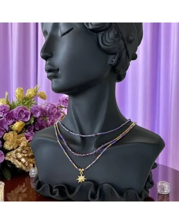 Colier elegant 3 straturi Safyia din Ametist cu Miyuki mov si argint placat cu aur, ajustabil