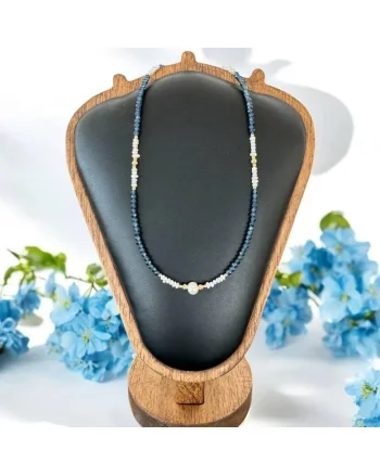 Colier handmade Indira din safir si perle naturale cu argint placat cu aur