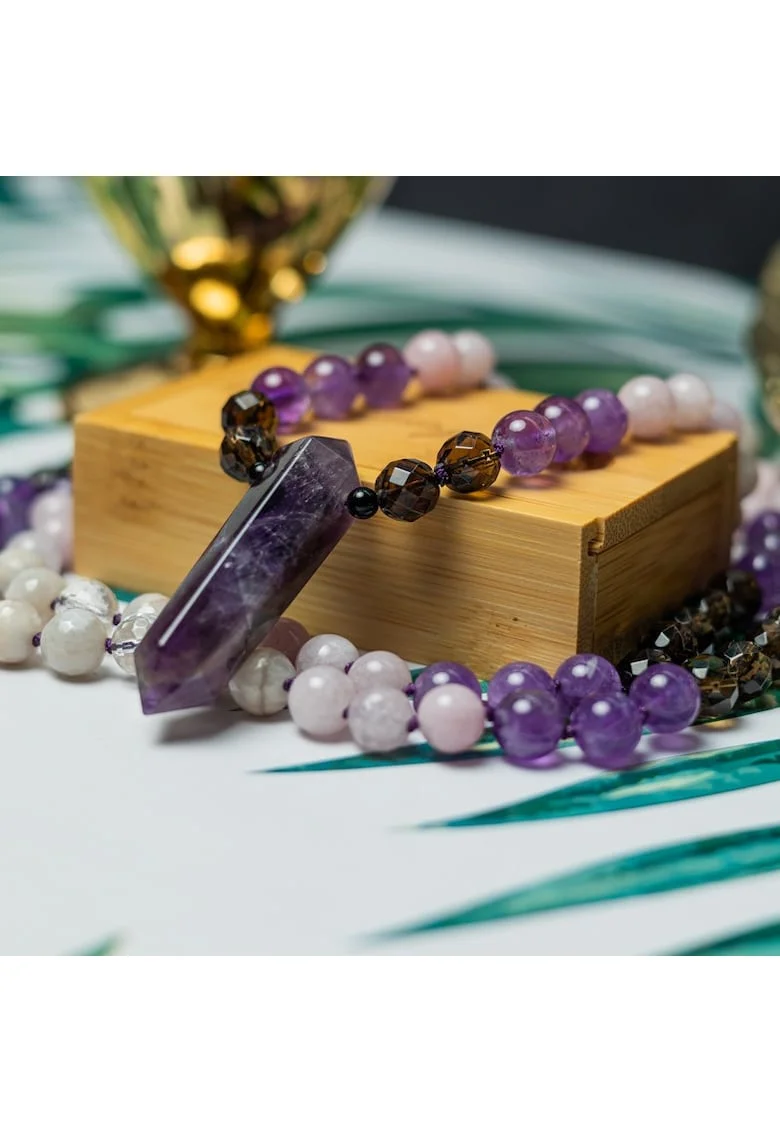 Tanay, Colier Mala 108 cu varf dublu de Ametist si margele de Kunzit, Smoky Quartz si Cuart transparent