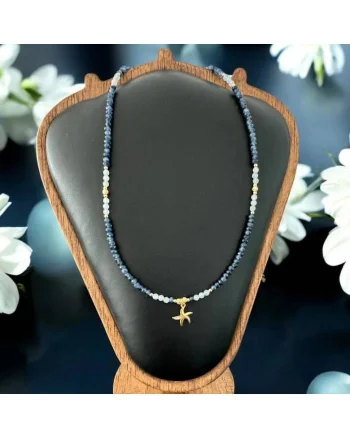 Colier handmade Leilani din Safir si Acvamarin cu argint placat cu aur