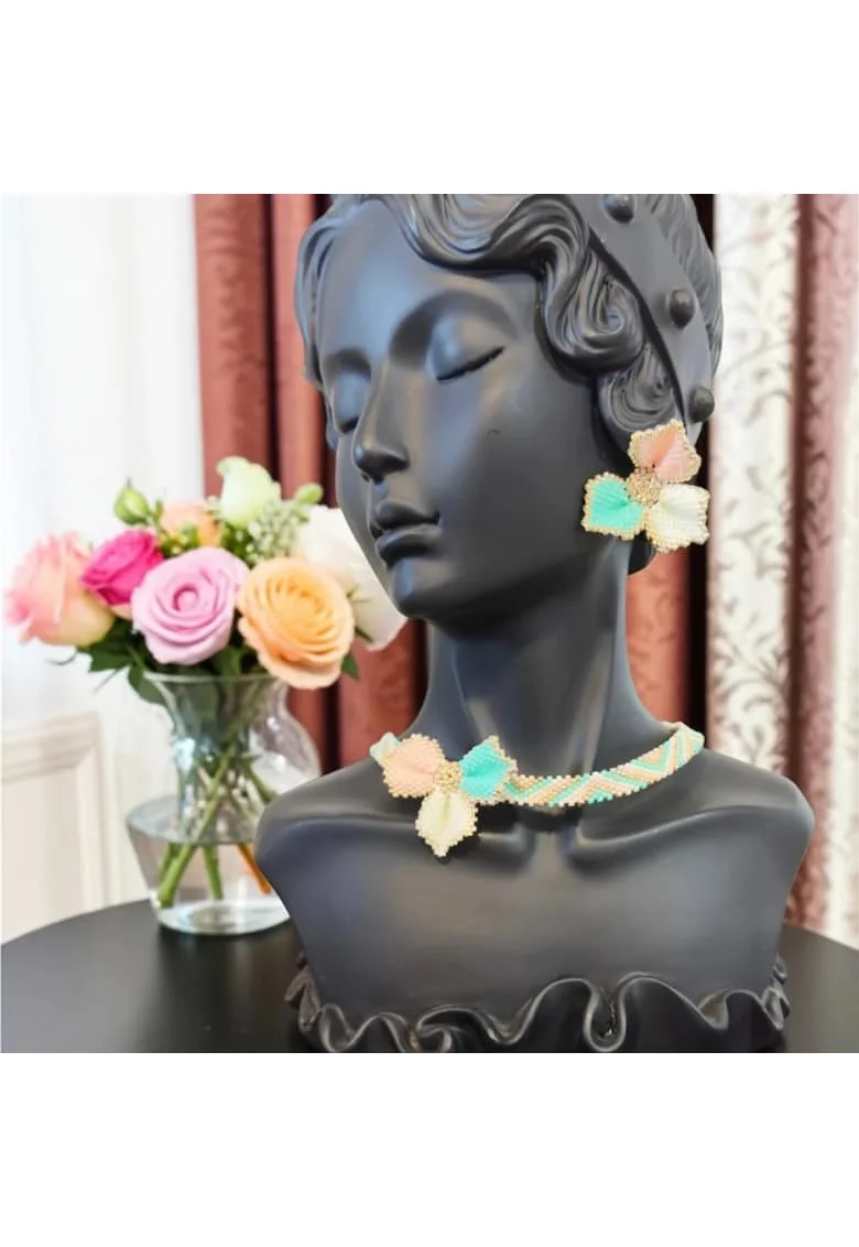 Set Choker cu cercei din margele miyuki, model flori, culori pastel, inchidere din argint