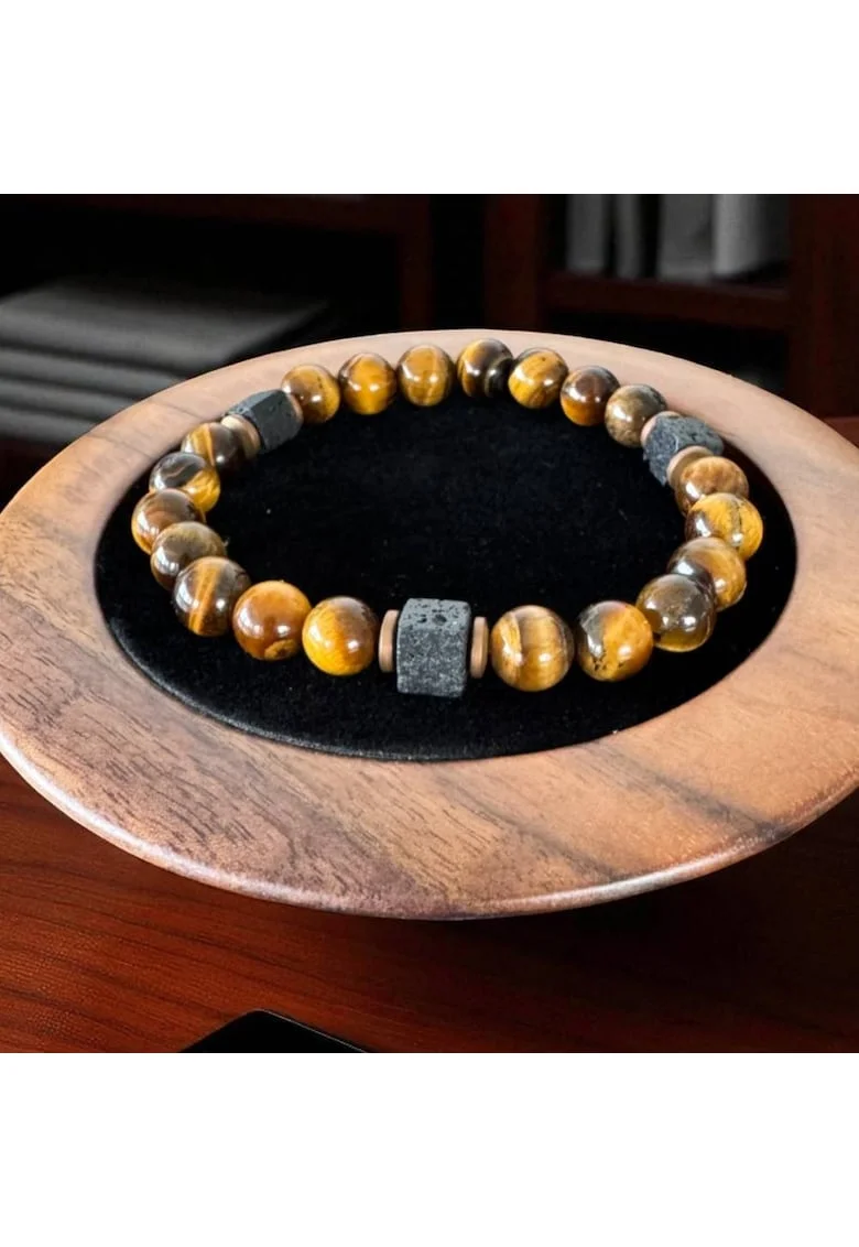 Bratara barbati handmade elastica Silas din Ochi de Tigru si Piatra de Lava