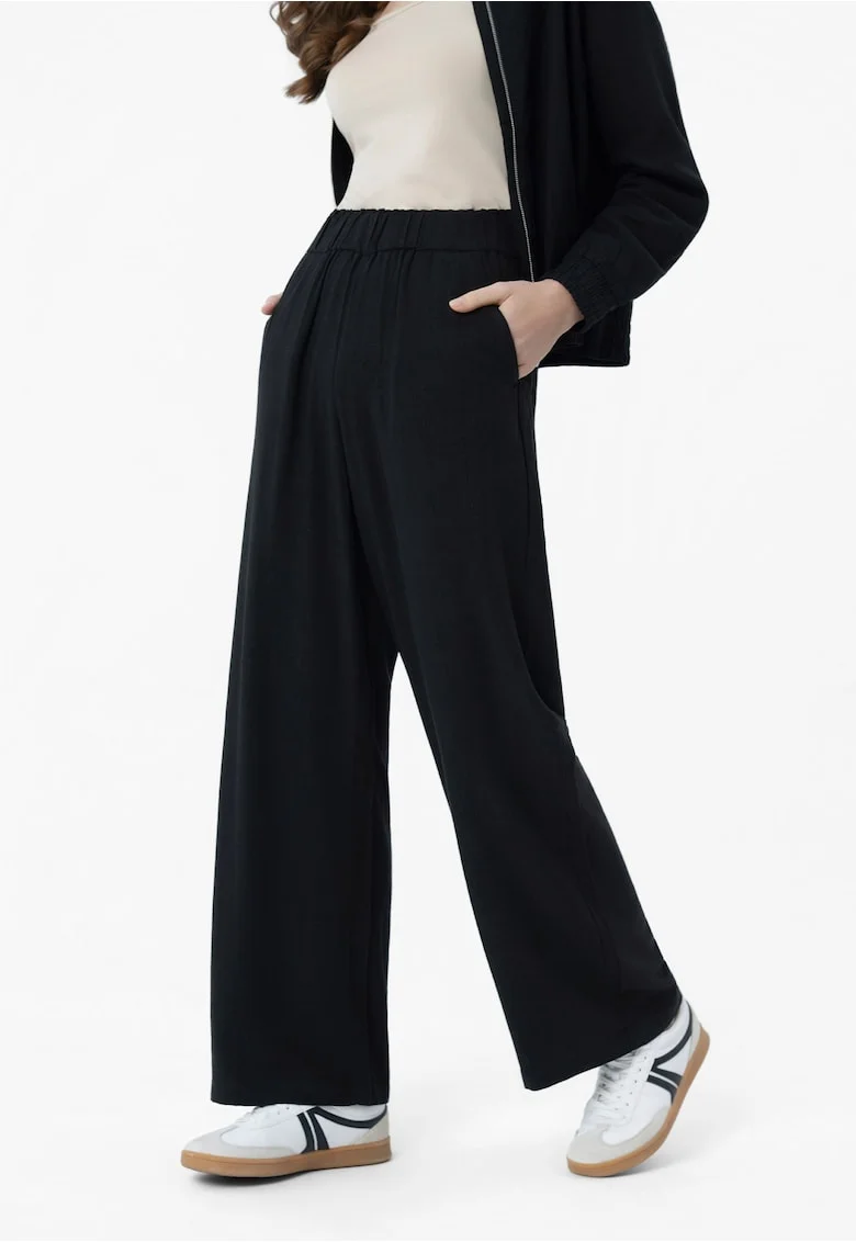Pantaloni largi dama cu viscoza si in, Comfort Fit, 2 buzunare frontale, talie elastica,  R-Nette, negru, Negru