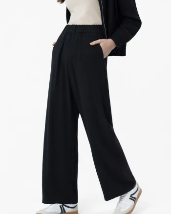 Pantaloni largi dama cu viscoza si in, Comfort Fit, 2 buzunare frontale, talie elastica,  R-Nette, negru, Negru