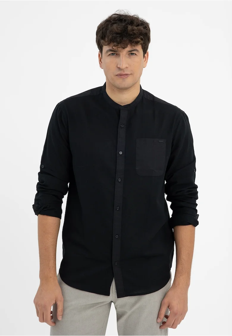 Camasa barbati din bumbac cu guler mao, maneci lungi, Regular Fit, buzunar pe piept,  K-Basto, negru, Negru