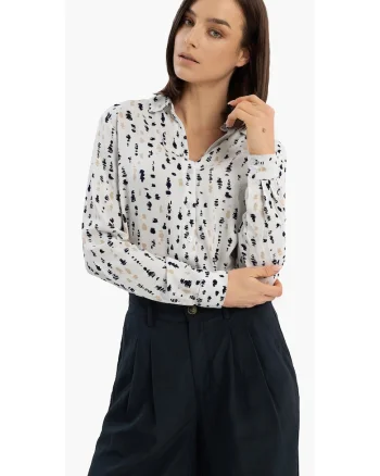 Camasa dama din viscoza, cu maneci lungi, cu model abstract, Regular Fit,  K-Tudi, alb, Alb