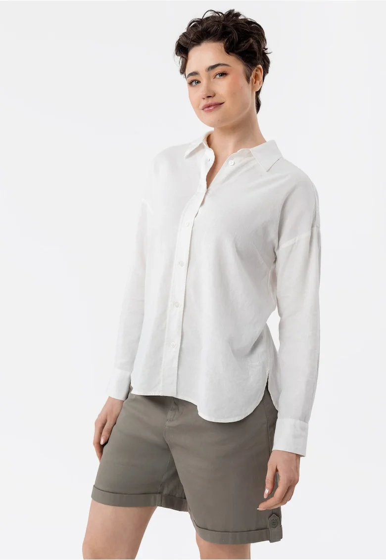 Camasa dama din in si viscoza, maneci lungi, comfort fit, spate mai lung, uni,  K-Vehi, alb, Alb