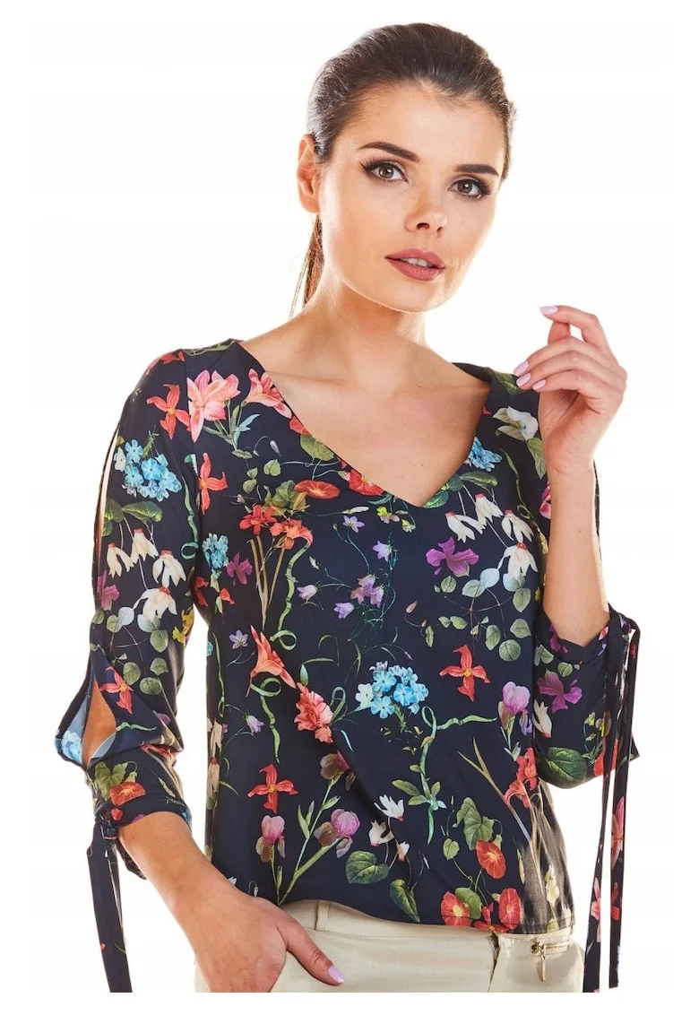 Bluza cu decolteu in V, maneci 3/4 si snur la mansete,, Albastru inchis