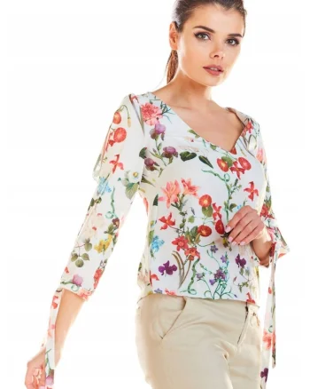 Bluza cu decolteu in V, maneci 3/4 si snur la mansete,, Ecru/Multicolor