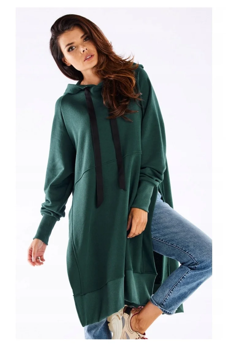 Hanorac streetwear lung oversize cu croiala dreapta,, Verde