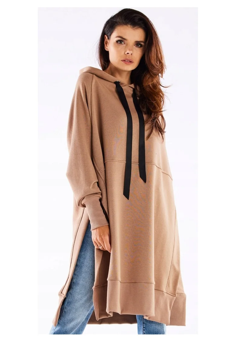 Hanorac streetwear lung oversize cu croiala dreapta,, Bej