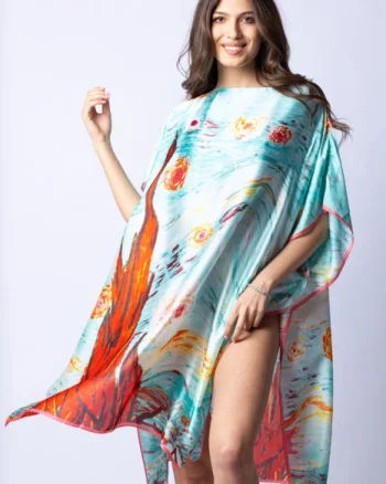 Rochie de plaja tip poncho din matase cu stilizare   Noaptea Instelata   pe fond aqua