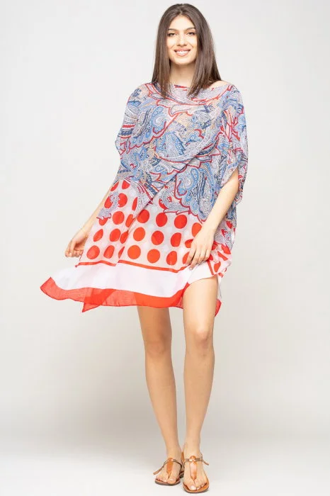 Rochie de plaja tip poncho cu motive florale si buline rosii, vascoza