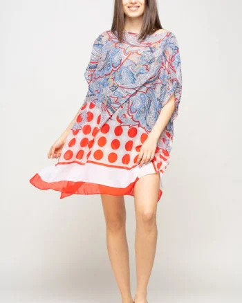 Rochie de plaja tip poncho cu motive florale si buline rosii, vascoza