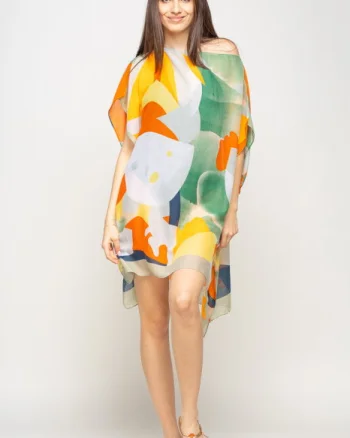 Rochie de plaja tip poncho cu model abstract in nuante de portocaliu, galben si verde, vascoza