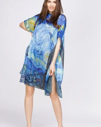 Rochie de plaja tip poncho din matase cu reproducere dupa    Noaptea Instelata   - de Van Gogh