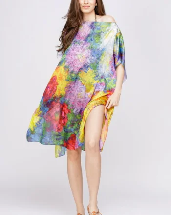 Rochie de plaja tip poncho din matase cu reproducere dupa o pictura impresionista