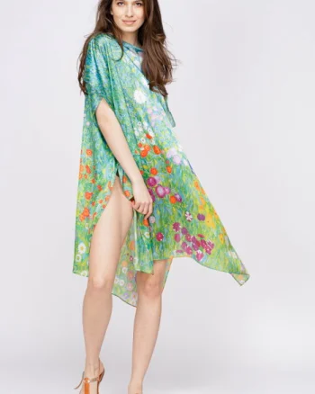 Rochie de plaja tip poncho din matase cu reproducere dupa    Camp cu maci   de Claude Monet