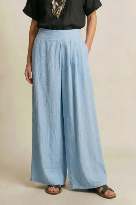 Pantaloni de vara din in cu croiala ampla si pliuri in talie, bleu