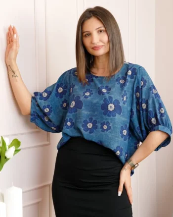 Bluza albastra cu imprimeu floral bleumarin Harper plus size