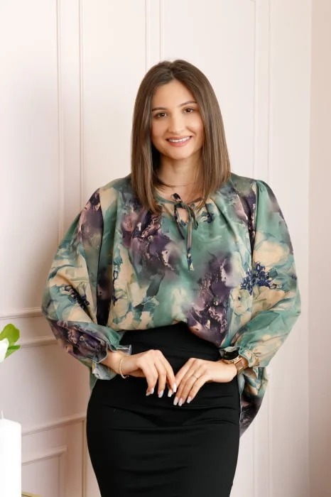 Bluza dama verde petrol cu imprimeu abstract mov Quinn plus size