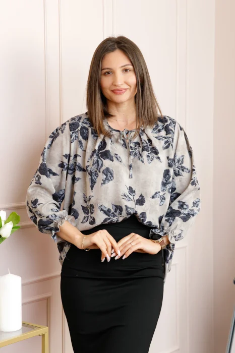 Bluza dama gri cu imprimeu floral gri antracit Quinn plus size