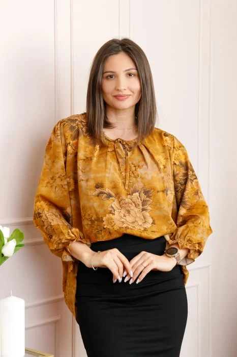 Bluza dama galben mustar cu imprimeu floral maro Quinn plus size