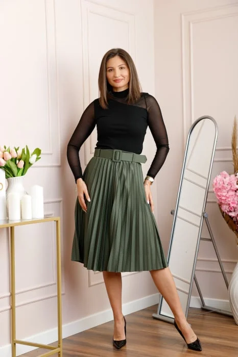 Fusta office plisata Ruby cu centura in talie - Verde olive